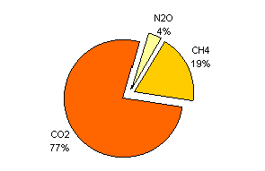 Emissioni di gas serra: protossido di azoto 4%, metano 19%, anidride carbonica 77%