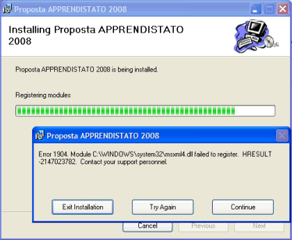 Error 1904. Module C:\Windows\system32\msxml4.dll failed to register. HRESULT -2147023782. Contact your support personnel.